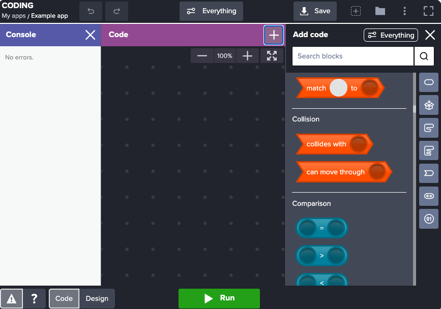 A closer look at Block Coding and the Create 'free coding' area ...