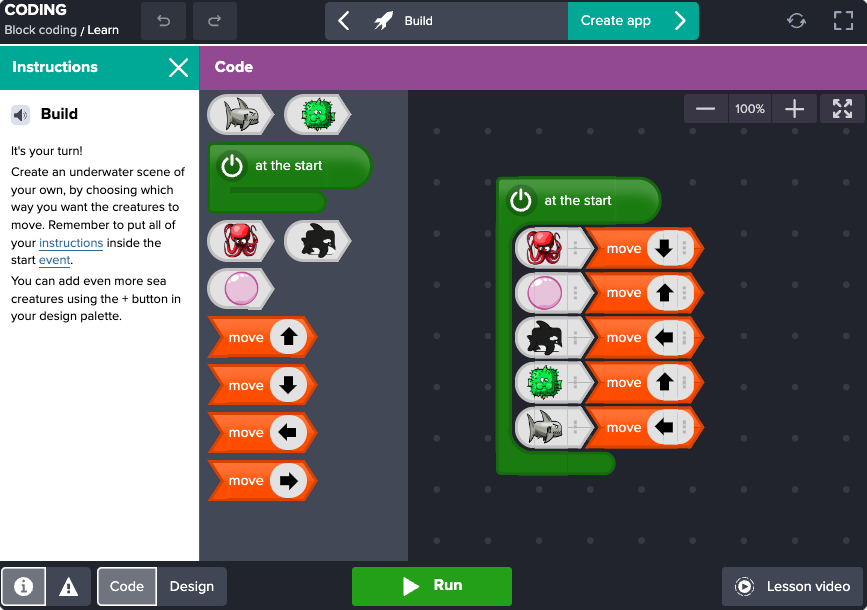 A closer look at Block Coding and the Create 'free coding' area ...
